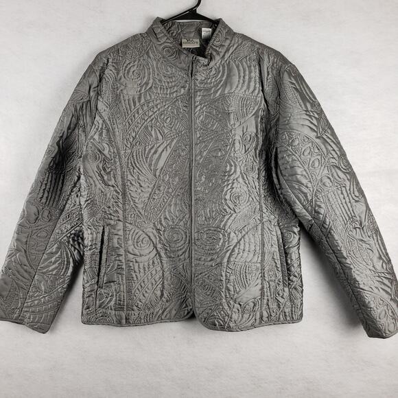 Chicos Jackets & Blazers - Chicos Women's 3 Embroidered Quilted Bomber Jacket Silver Metallic Bold Artsy